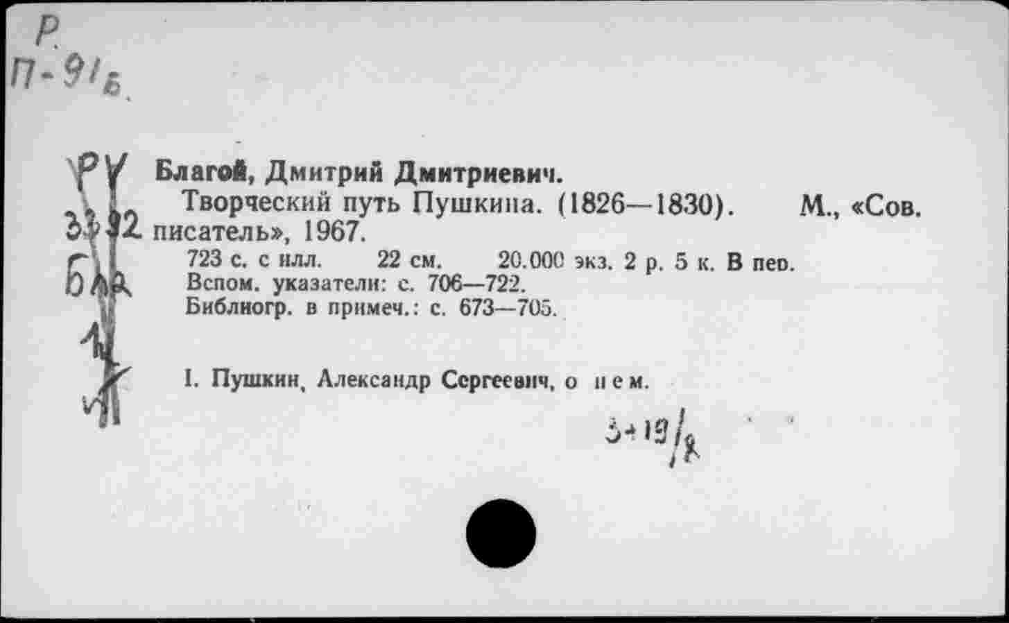 ﻿п-.%
РУ Благой, Дмитрий Дмитриевич.
к Творческий путь Пушкина. (1826—1830). М„ «Сов. писатель», 1967.
Г и 723 с. с илл. 22 см. 20.000 экз. 2 р. 5 к. В пев.
0 АД. Вспом. указатели: с. 706—722.
Библиогр. в примем.: с. 673—705.
I. Пушкин, Александр Сергеевич, о нем.